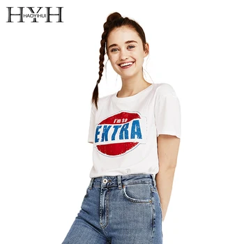 

HYH HAOYIHUI 2018 Letter Printing O-Neck T-shirts New Fashion Summer Tops For Women Casual White Color Block Shirts