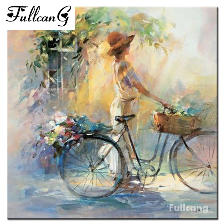 

FULLCANG Bicycle Flower Girl 5D Diamond Mosaic Diamond Painting Cross Stitch Diamond Embroidery Patterns Rhinestones F124