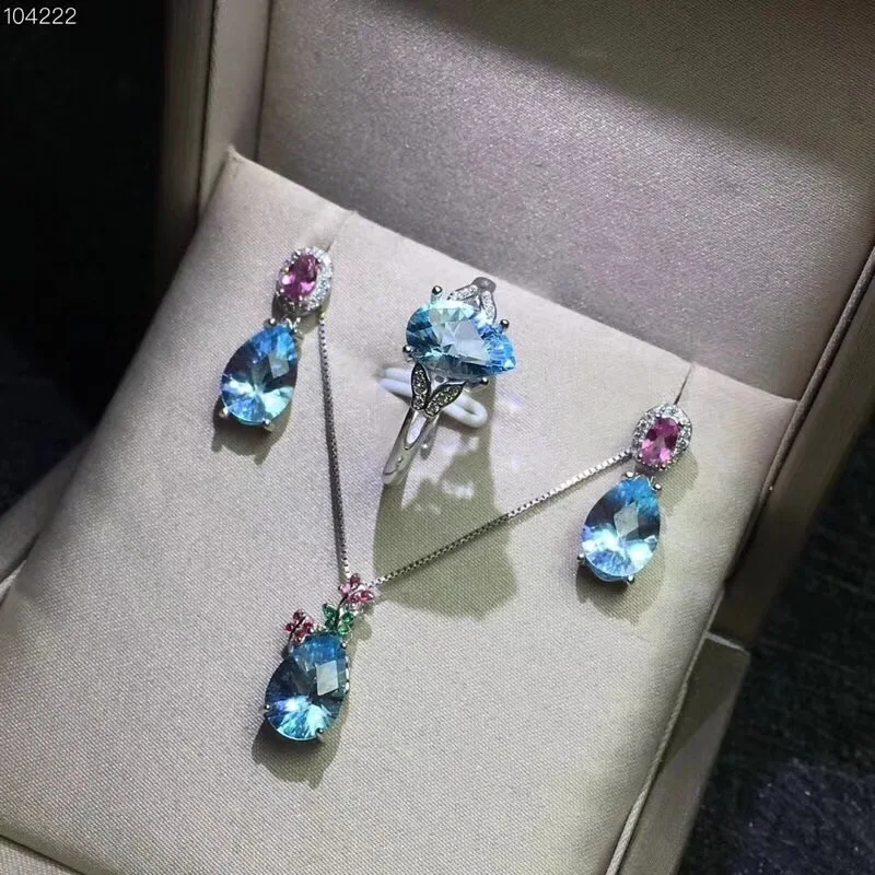Natural Topaz jewelry set Natural Real Topaz 925 sterling silver 1pc pendant,1pc ring,2pcs Earring
