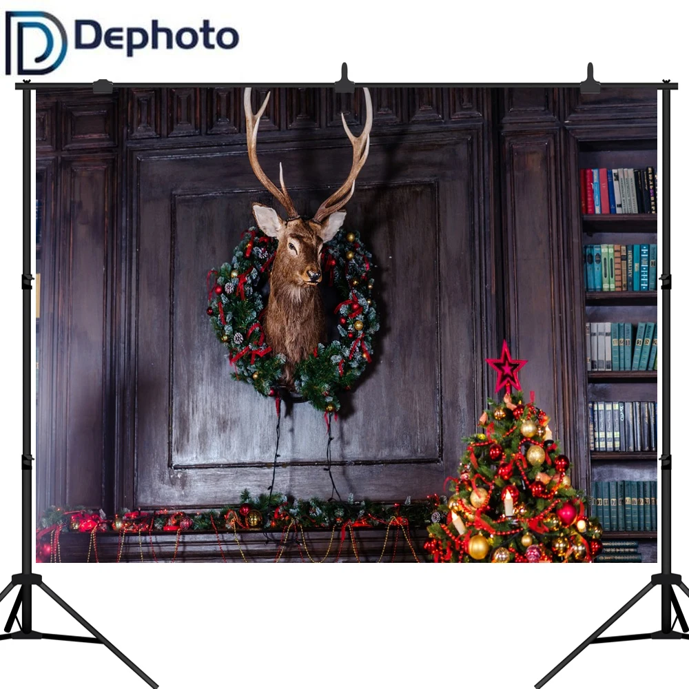 Dephoto рождественские фотофоны Ретро комната голова оленя книжный шкаф фотография