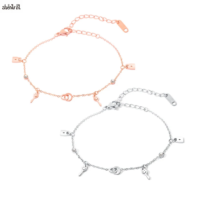 

Smile Face Bracelet Bangles Titanium Steel Lock Key Bracelet Femme Acier Inoxydable Ajustable Crystal Women Fashion Jewelry 2018