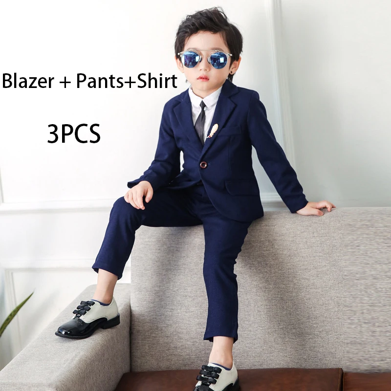 Blue 3PCS Для мальчиков на свадьбу, костюм Блейзер, футболка и штаны, комплект из 3 предметов, наряд, костюм для мальчиков, праздничная одежда для детей, для маленьких мальчиков, костюм на свадьбу, Детские свадебные костюмы - Цвет: Blue 3PCS