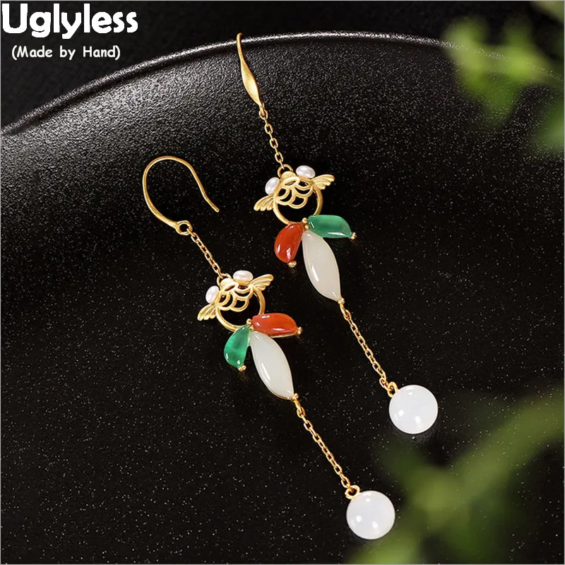 

Uglyless Creative Goldfish Bangles for Women Fishes Long Earrings 925 Sterling Silver Animal Jewelry Natural Jade Balls Brincos