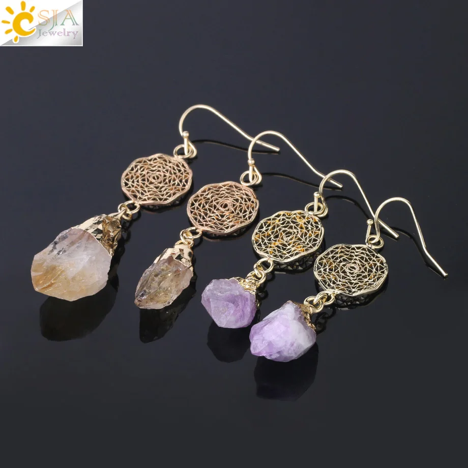CSJA Natural Stone Earrings for Wife Unique Citrines Purple Crystal Quartz Gold Silver Color Drop Earring Anniversary Gift F897