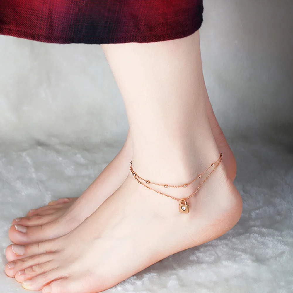 

Double Layer Love Lock Bead Rose Gold Bracelet Womens Anklets Anklet Stainless Steel For Women Barefoot Foot Jewelry Leg Chain