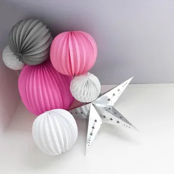 

7pcs (Pink,Grey,White) Party Decoration Set Pleated Paper Lanterns,Paper Star, Honeycomb Balls Wedding Showers Birthday Supplies