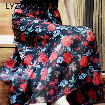 

LYZCR Ruffler Wrap Chiffon Floral Skirt Women Summer Beach Fishtail Women's Chiffon Skirt Fashion Flower Wrap Long Skirts 2019