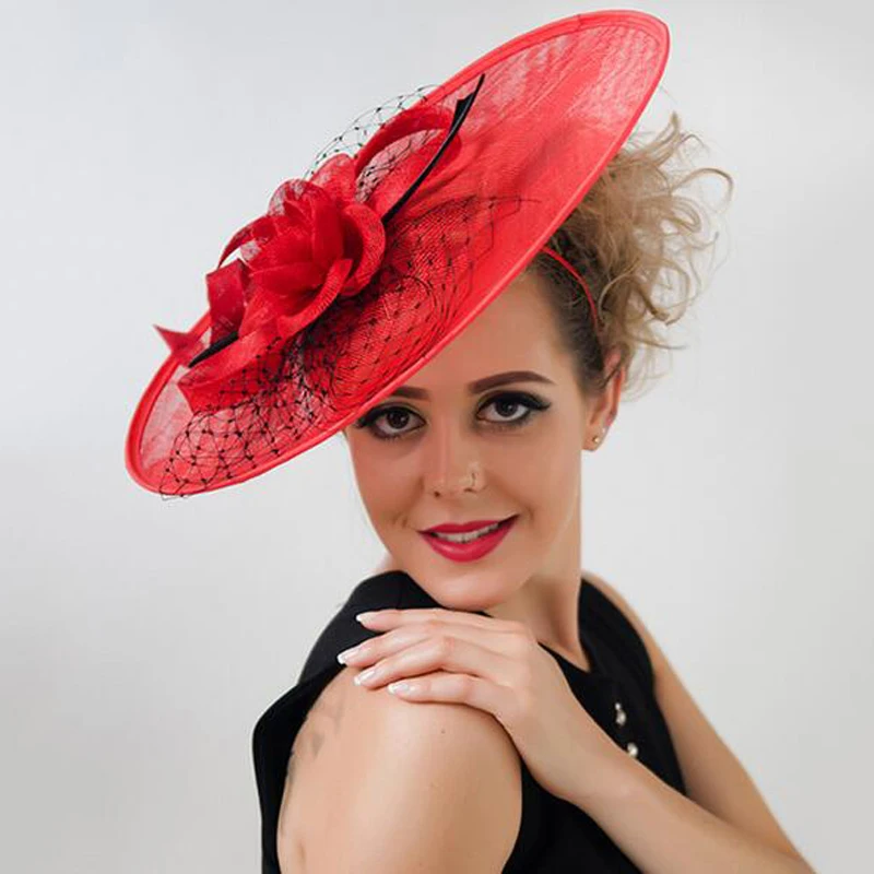 

QiARSOYOO Women Elegant Feather Fascinator Large Sinamay Flower Headband Mesh Party Headdress Top Hat Wedding Hair Accessories