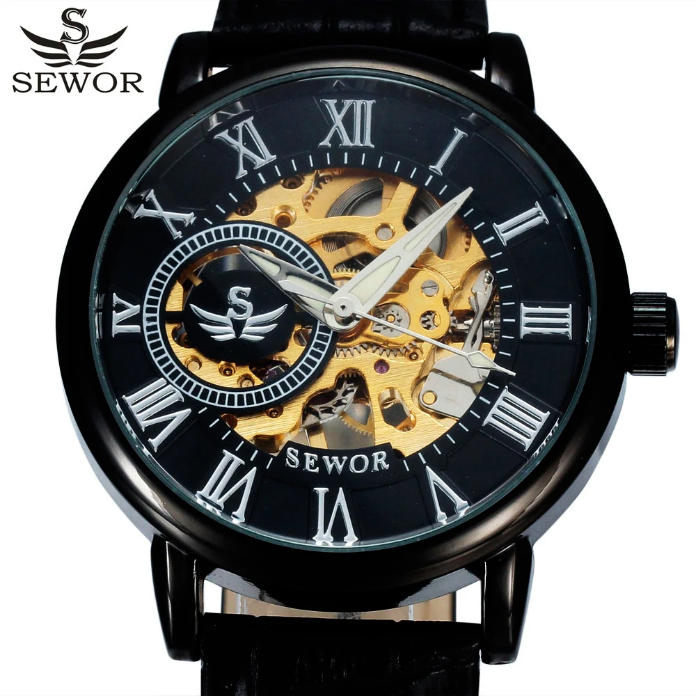 SEWOR Luxury Brand Black Skeleton Mechanical Watch Men Leather