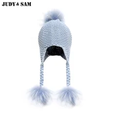 New Unisex Soft Wool Blend Knitted Baby Hat 12 Colors Real Raccoon Fur Pom Pom Kids