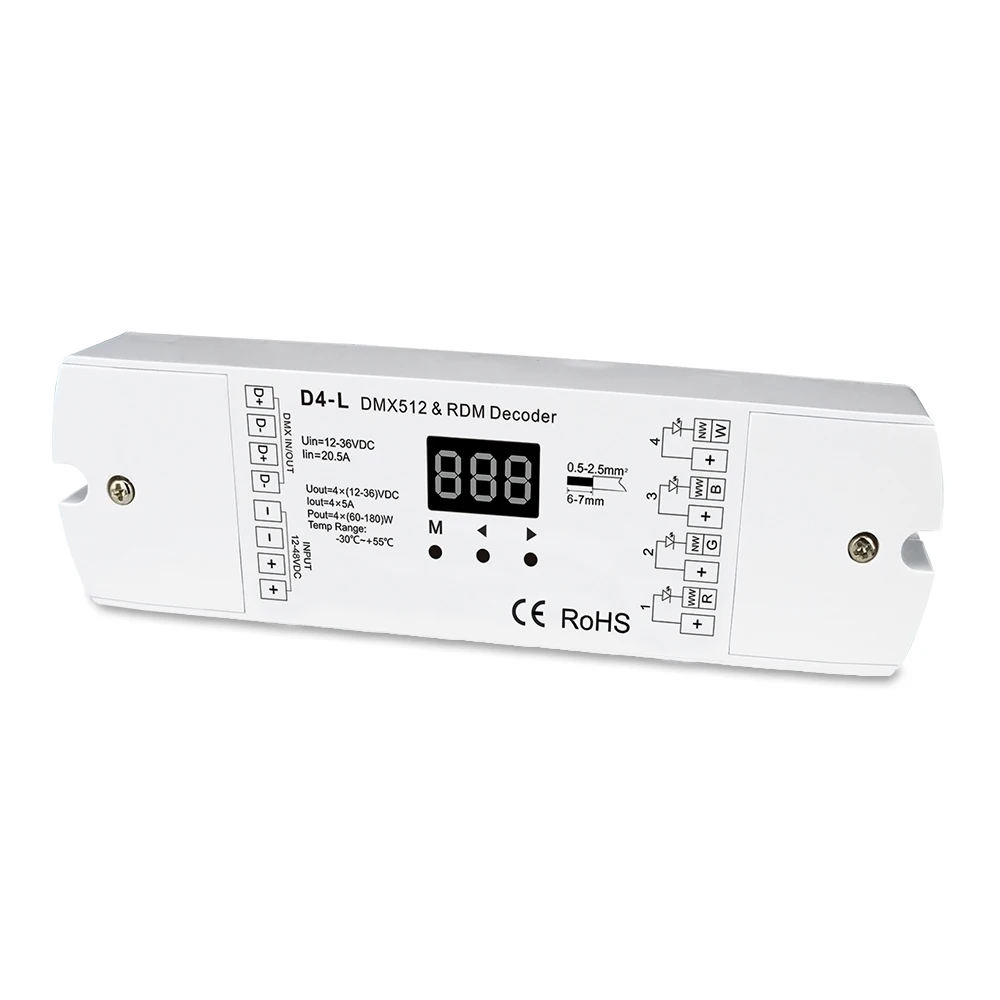D4-L4CH 12-36V 5A Constant Voltage DMX512 & RDM Decoder5A*4CH output with display for setting dmx address | Освещение