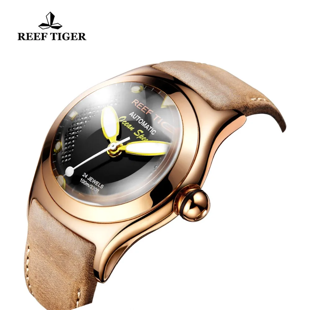Tanie Reef Tiger RT Sport Casual zegarki dla mężczyzn różowe złoto duża szkieletowa tarcza z datownikiem Luminous samonakręcający zegarki RGA704