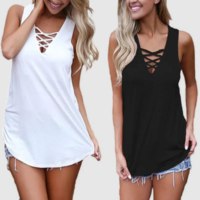 

Women Sleeveless Summer Vest Top T Shirt Pure Color Casual Tank Women V-Neck Bandage Vest White Black Pink Blue
