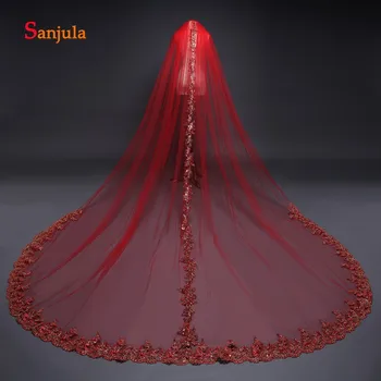 

Red Tulle Arabic Wedding Veils Long Appliques Edge Shiny Bridal Veil with Comb One Layer 3 Meters Church Bride Veil V51