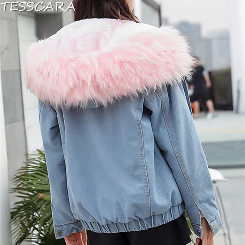 amp; grey Base Parka Vêtements Et Veste Automne Manteau Hiver Vestes Tesscara Bomber Avec Femelle Denim Pink Femmes white De Fourrure Jeans Capuche Manteaux Faux 5B648wn