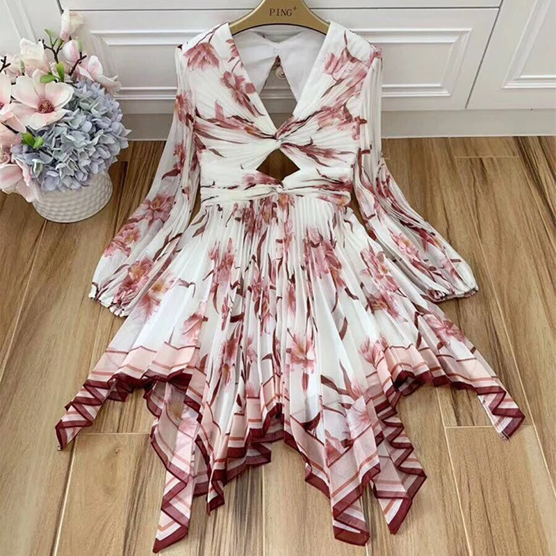 

Red RoosaRosee Runway Summer Holiday Women's Elegant Floral Print Sexy V Neck Backless Asymmetrical Vestidos Party Dresses Robes