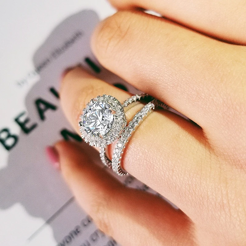 2020 New Luxury Halo Original 925 Sterling Silver Wedding Ring Set