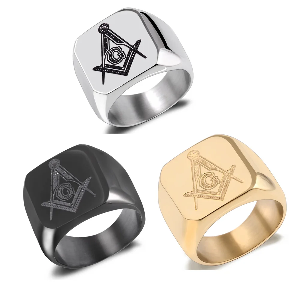 

Size 7-15 Freemasonry Masonic Signet Ring 316L Stainless Steel Square Rings for Men Fashion Jewelry Silver Black Gold Color