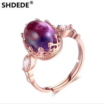 

SHDEDE 925 pure silver colourful jewelry natural amethyst egg shaped gemstone national wind rose gold Ring wholesale