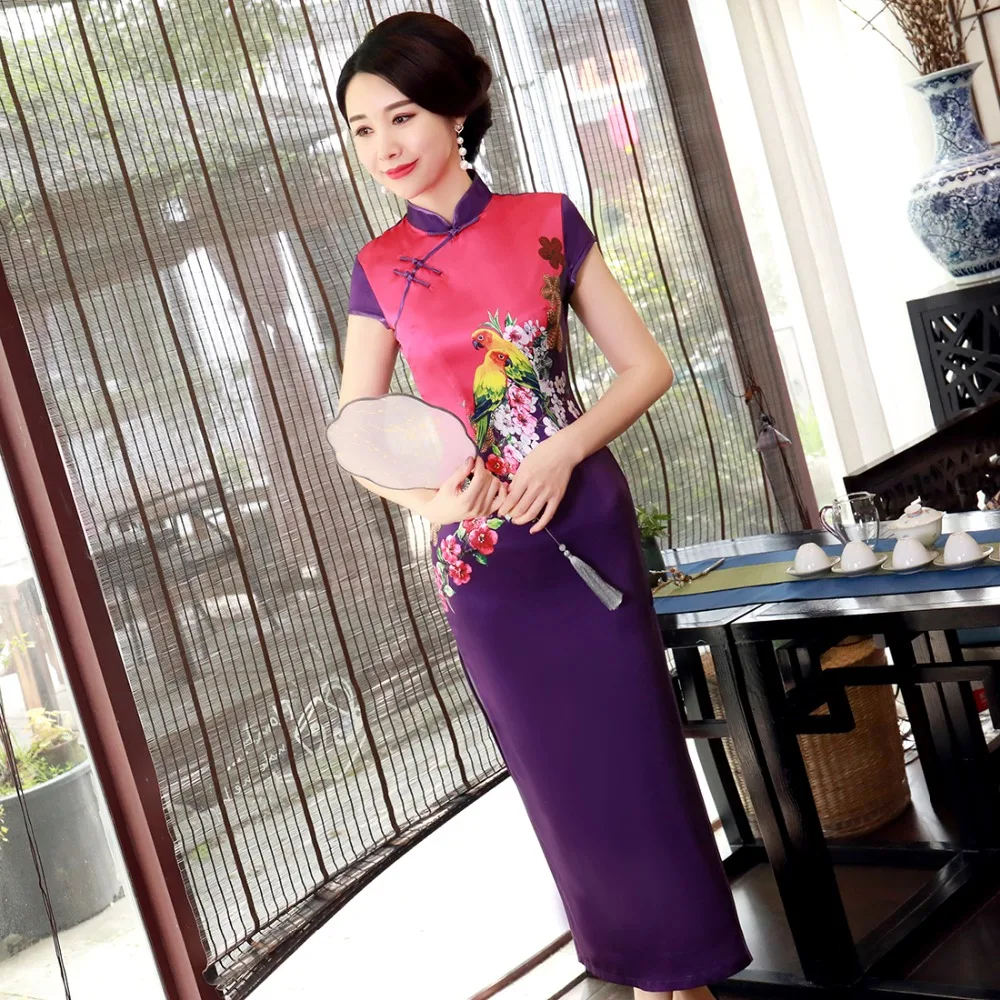 Летняя Длинная тонкая Женская атласная Печать Цветок Qipao элегантный в китайском стиле для женщин Cheongsam винтажное свадебное платье плюс
