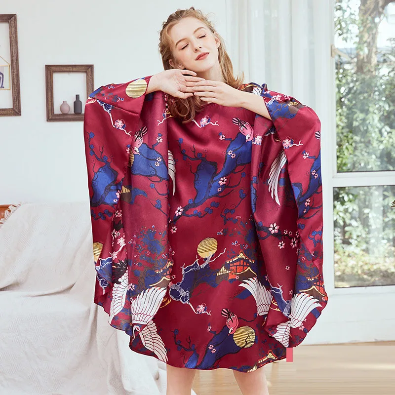 Women Long Sexy Silk Nightwear Satin Floral Sleepwear Bat Sleeve Knee Length Sleepshirts Wine Nightdress Night Wear Dress Gown - Цвет: Wine