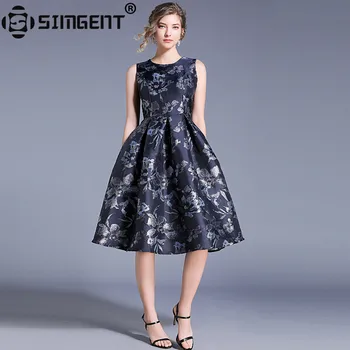 

Simgent Elegant Dress New Arrival Fashion Printing Retro Casual Slim Swing Knee Length Sleeveless Dress Vestidos Jurken SG94192
