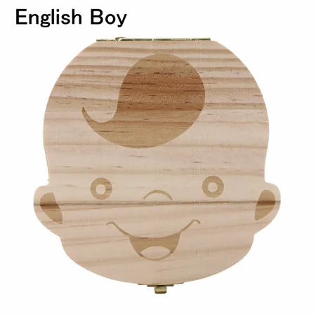 New Tooth shape Box Organizer for Baby Milk Teeth Save Wood Storage case Lanugo Collecting Teeth Gift Spanish/English drop ship - Цвет: English Boy