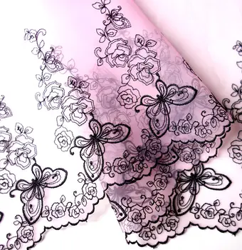 

5M/Lot diy Handmade clothes accessories lace trim Rose and Butterfl embroidery gauze laciness fabric Black 16cm wide.