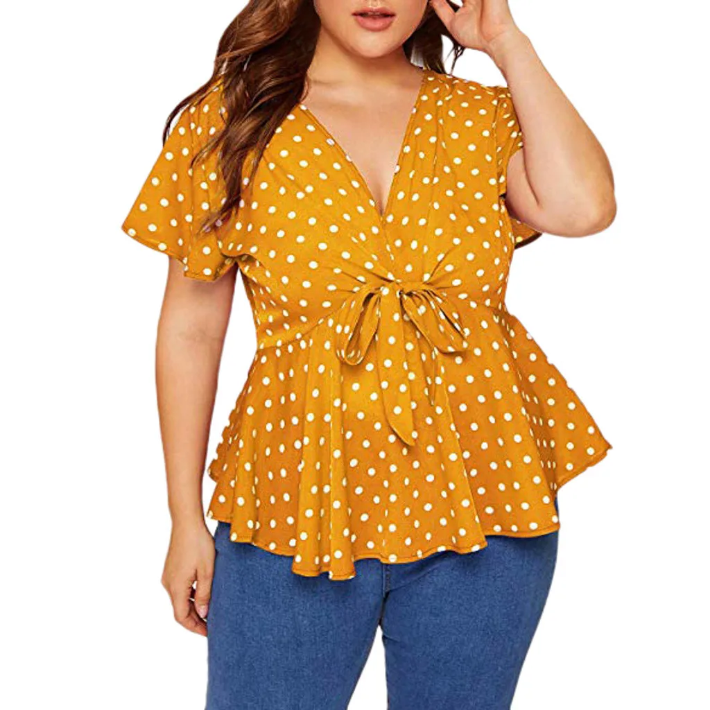 

Blouses Woman 2019 Year Women Blouses Women's Plus Size V Neck Short Sleeve Roupa Top Polka Dot Knot Front Blouse Blusas Blusa
