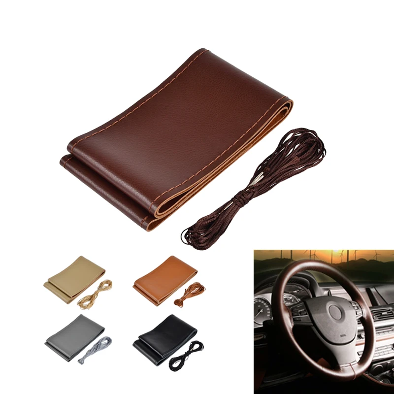 

H2CNC Universal 38cm Car Steering Wheel Cover Needles Thread Set Cowhide Leather Automobile Interior Decoration Accessories