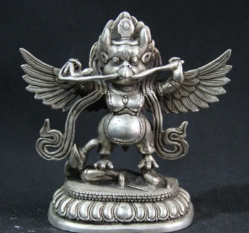 

Collectible bronze S1662 5" Tibet Buddhism Silver Stand Redpoll Winged Garuda Bird Eagle Buddha Statue