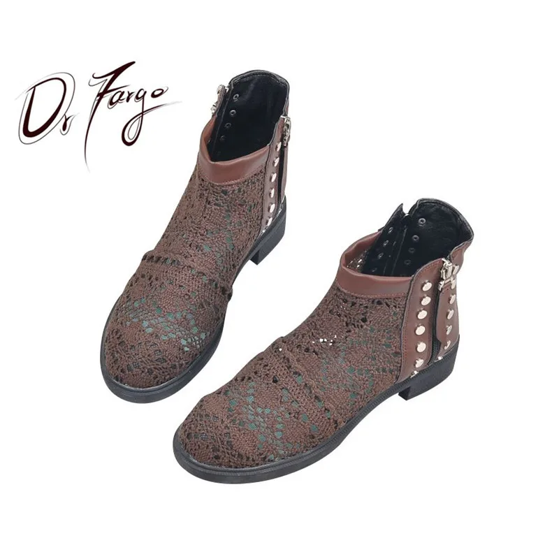 

DRFARGO Women Boots 2019 Summer Boots Cutout Mesh Studed Ankle boot for Women Low Heel Flat Chunky boots size 35-40 Ladies DI12