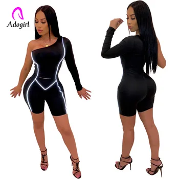 

Women Biker Playsuit Sheer Jumpsuit Women Sexy One Shoulder Long Sleeve Shorts Romper Night Club Side Reflective Stripe Playsuit