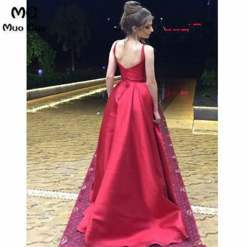 A-Line Scoop Backless Sweep Train Red Satin Prom Dress with Ruched43