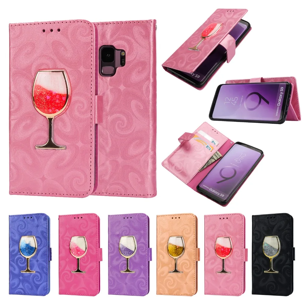

For Galaxy S5 Mini Cover 3D Wine Glass PU Leather Quicksand Flip Case For Samsung S6 S7 Edge S8 S9 Plus A3 A5 J3 J7 J52016 Note9