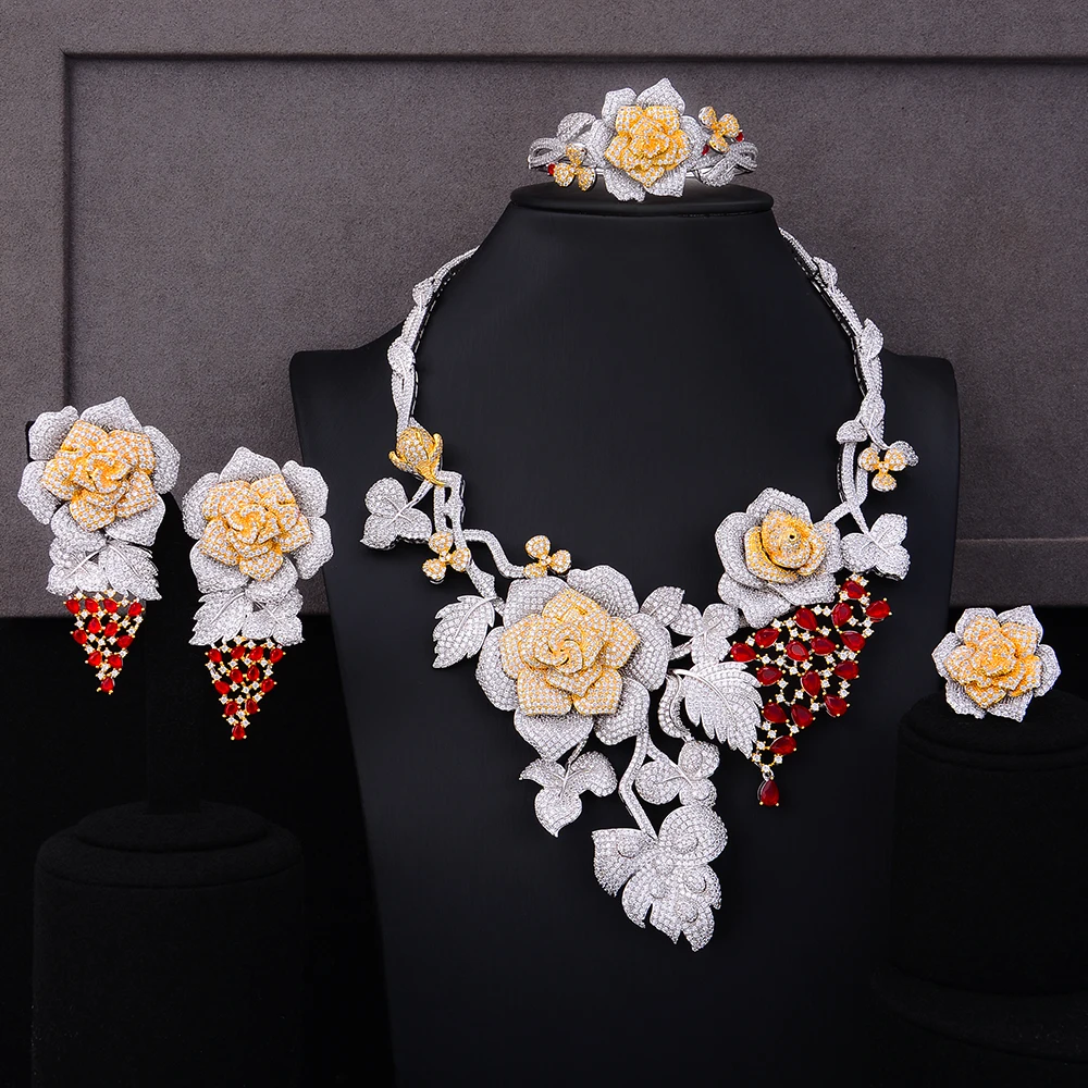 GODKI весна супер роскошный цветок розы большой ювелирный набор для женщин Свадебное платье индийский свадебный кубический циркон CZ ювелирное изделие