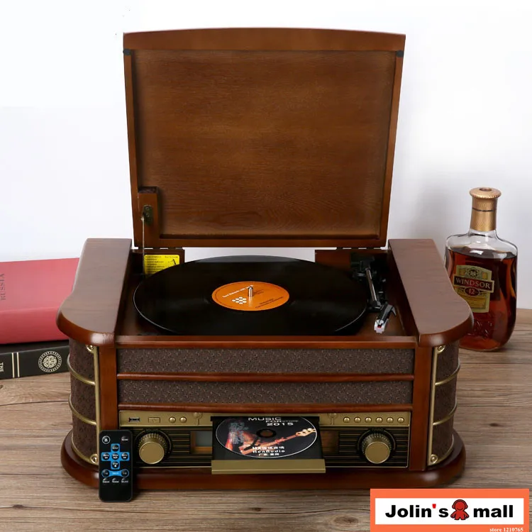 

2018 version Ancient classical solid wood phonograph stereo LP vinyl player home decoration with bluetooth/FM/CD/AUX/USB 220V