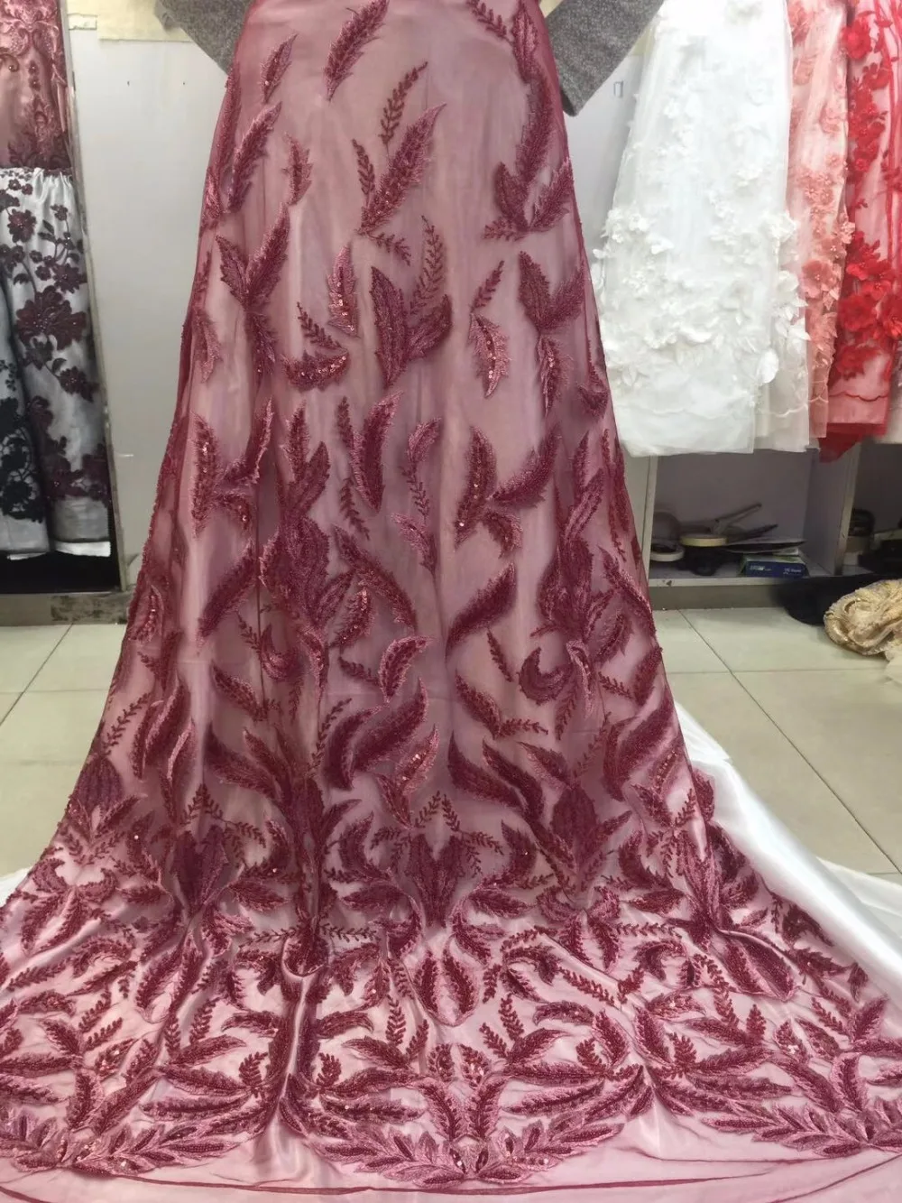 

Luxury Beaded Embroidery Bridal Laces Fabrics/Handwork Manual Nail Beads French Lace Fabric Wine/Pink/Gold/Navy/White AL183-2