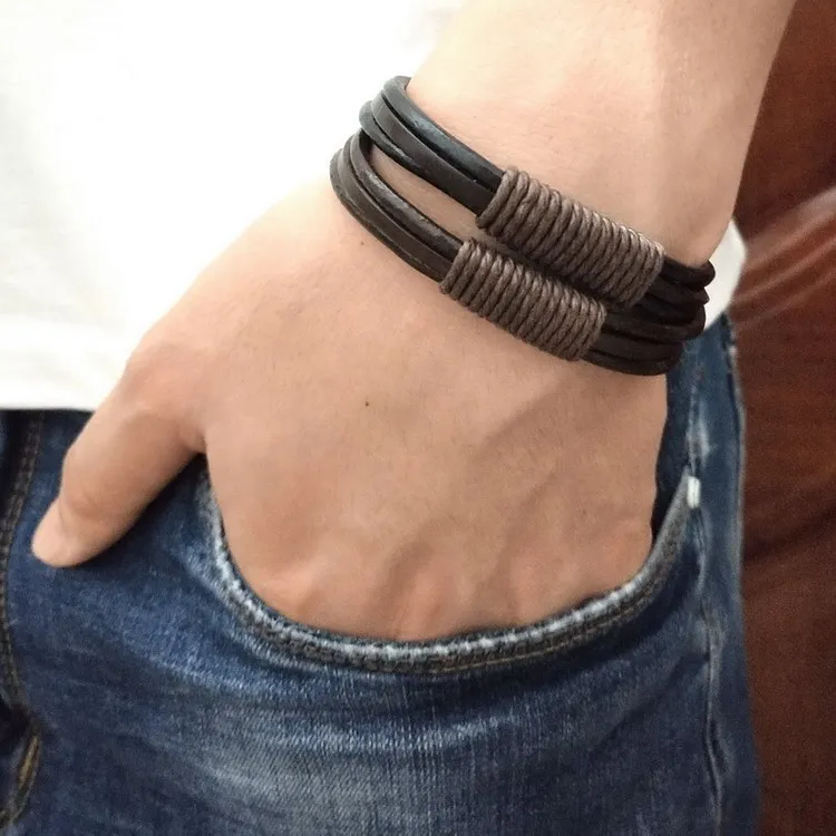 Модный винтажный браслет черный/коричневый Многослойный кожаный браслет ручное плетение простые обрученные браслеты для мужчин геометрические ювелирные изделия