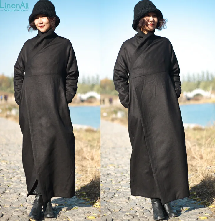 Льняная женская зимняя одежда черного цвета, лен, плотное хлопковое Стеганое пальто, пуховые парки, верхняя одежда
