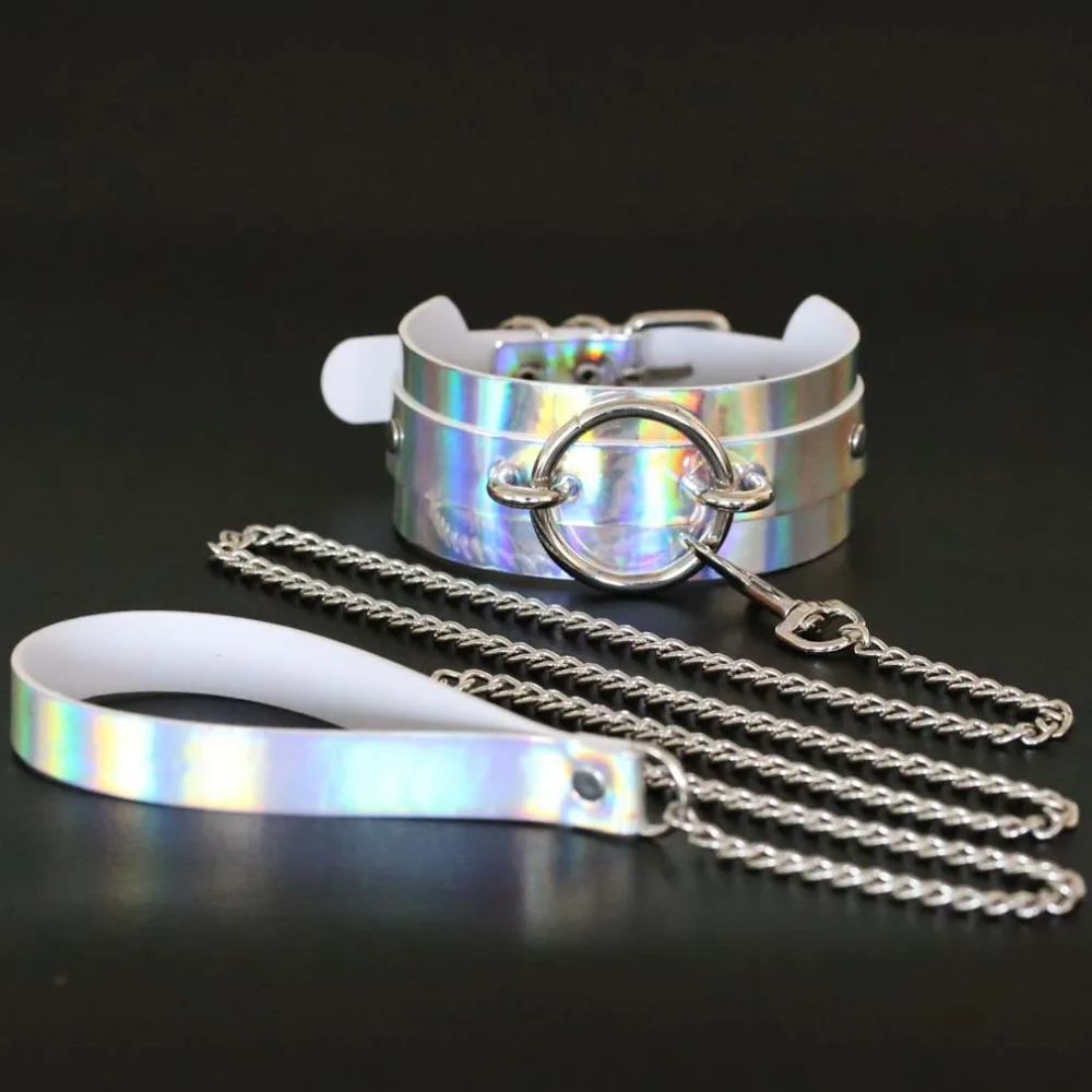 

Holographic Choker Necklace chain leash Rainbow Collar Rave Music Festival Party Ravewear Jewelry Fashion goth Accessories