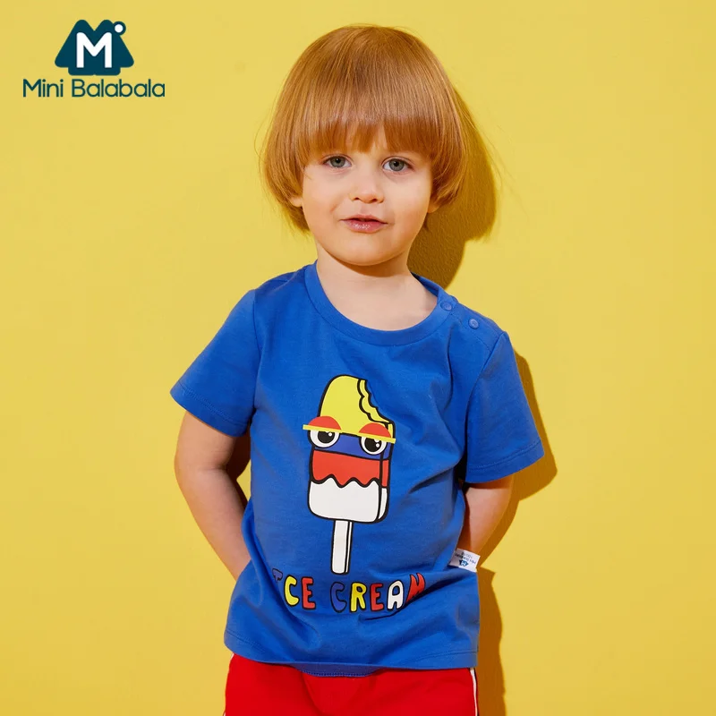 

Mini Balabala Boys 100% Soft Cotton Graphic Short sleeved T shirt Children Kid Ribbed Crewneck T-shirt with Open Shoulder