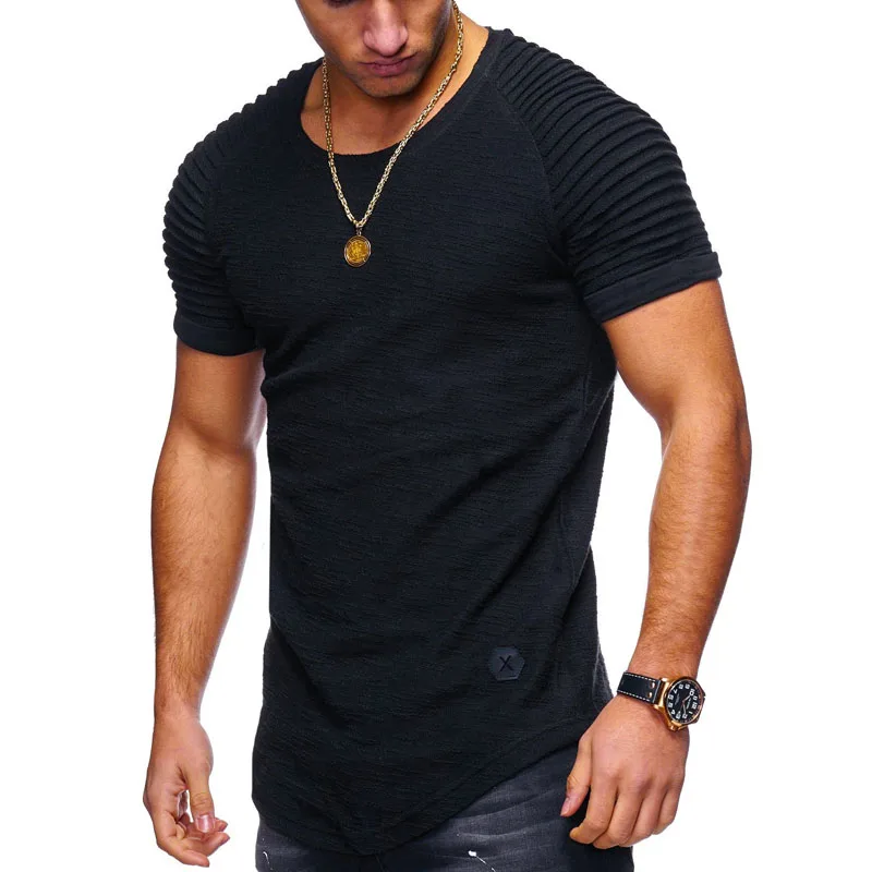 Men-s-O-Neck-Slim-Fit-Solid-Color-Short-sleeved-T-shirt-Striped-Fold-Raglan
