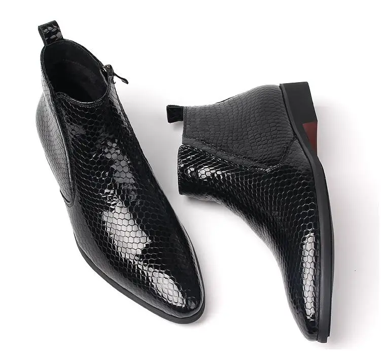 

Genuine Leather Men's Oxfords Runway Slip-On Patent Leather Ankle Boots Snakeskin Black Pointed Toes Dress Shoes Side Zipper