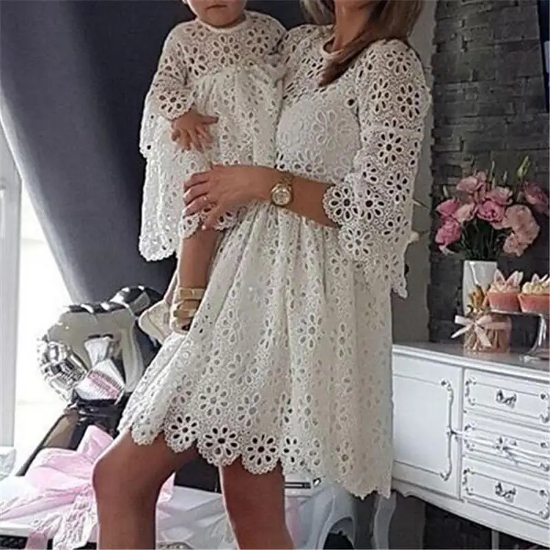 Mother-Daughter-Dresses-Fashion-Parent-child-Dress-Family-Matching-Outfits-White-Women-Lace-Dress-Kids-Dresses