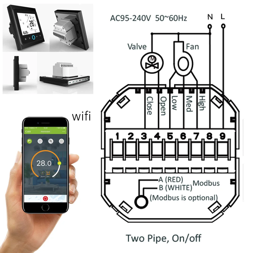 Tuya alexa программируемый WiFi центральный кондиционер термостат регулятор температуры 2 трубы 4 трубы 3 скорости вентилятора катушки блок - Цвет: BLACK 2P AND WIFI