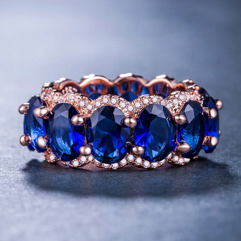 Кольца из розового золота, бриллиантовое кольцо, роскошные ювелирные изделия, топаз, кристалл, изумруд, Муассанит, сапфир, кольцо, бижутерия, изумруд, кольцо B1092 - Цвет камня: Синий