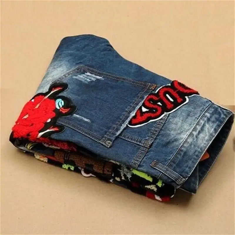 2018 new men jeans American style 100% cotton denim hip hop patchwork of national flag fashion jeans men #597