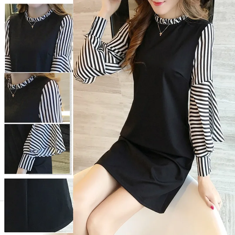 

Women Autumn Dress Patchwork Striped Ruffled Collar Knee-length Slim Fit Clothes QL Sale