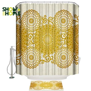 

Showhome Golden Peony Flower Shower Curtain Doormat Sets 2 Piece Bathroom Set Shower Curtain Sets Fabric Modern Women Rings